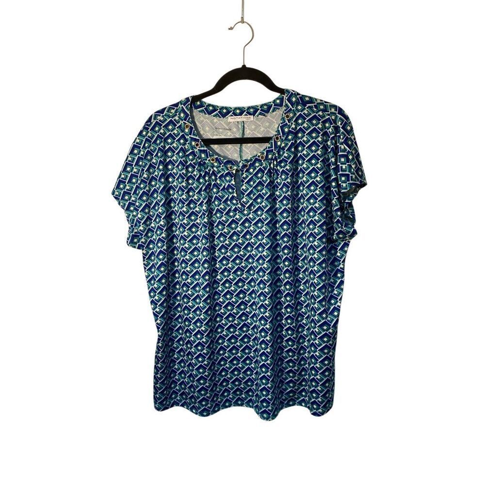 Notations women’s plus size green & blue geometric print gem detail top 2X